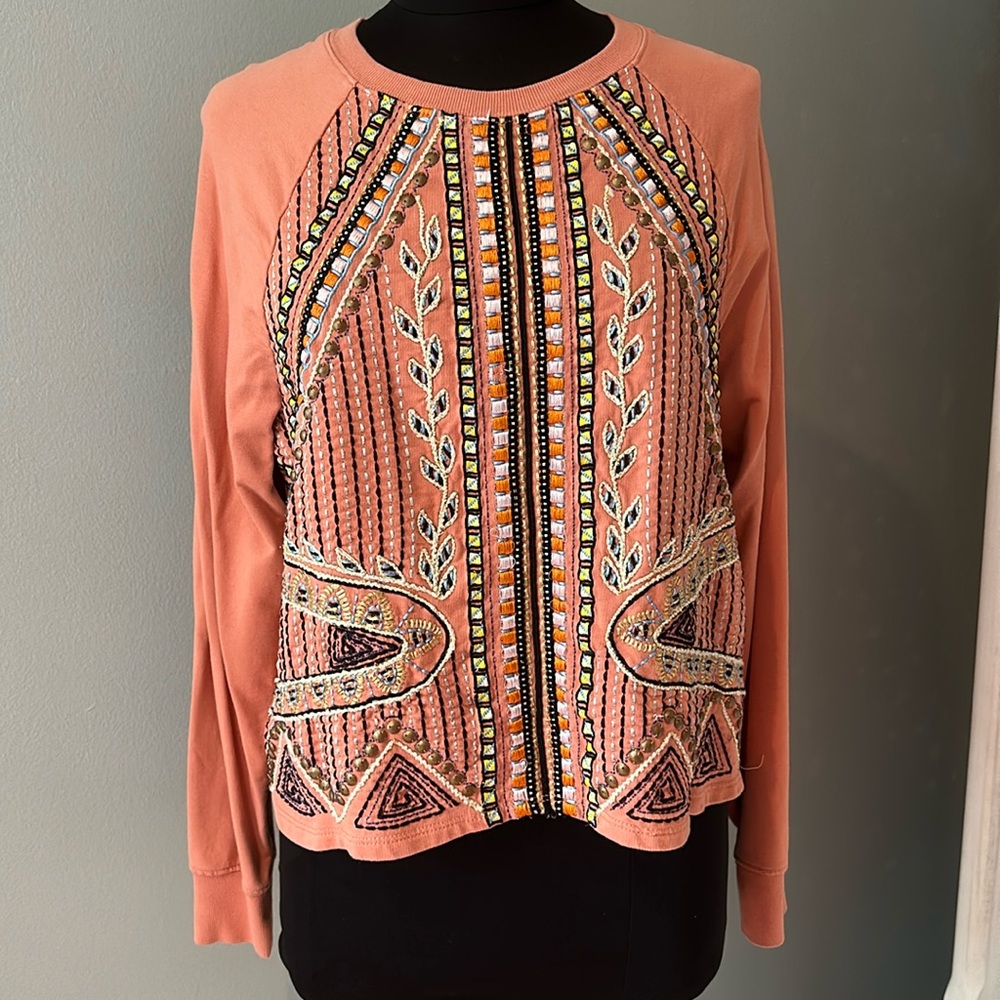 Anthropologie Embroidered Sweatshirt in Coral and Multicolor